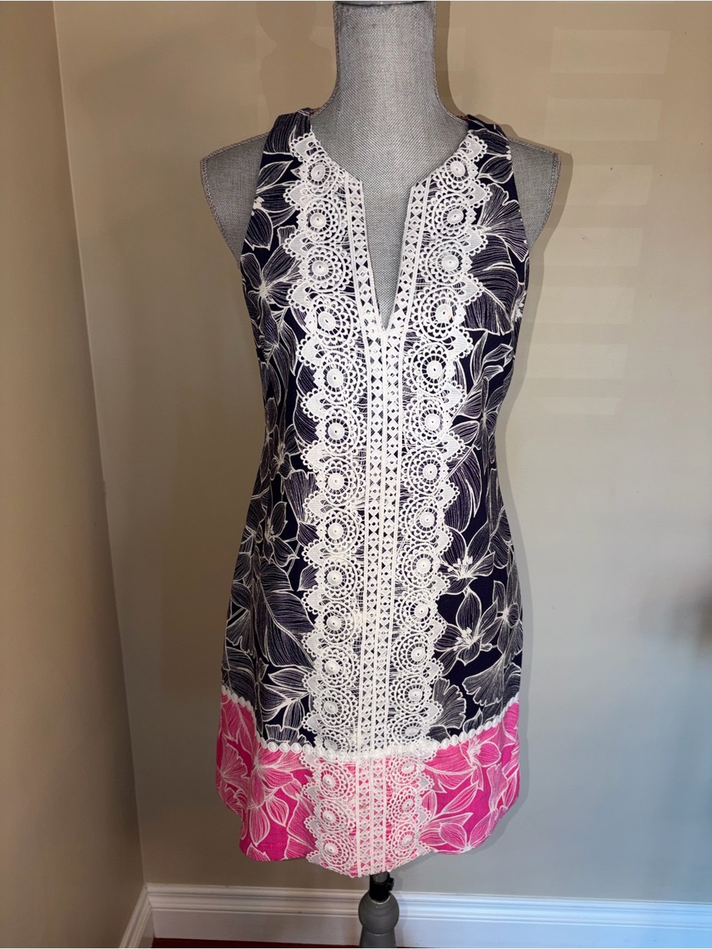 Eliza J Navy and Pink Lace-Trim Halter Swim Cover-Up